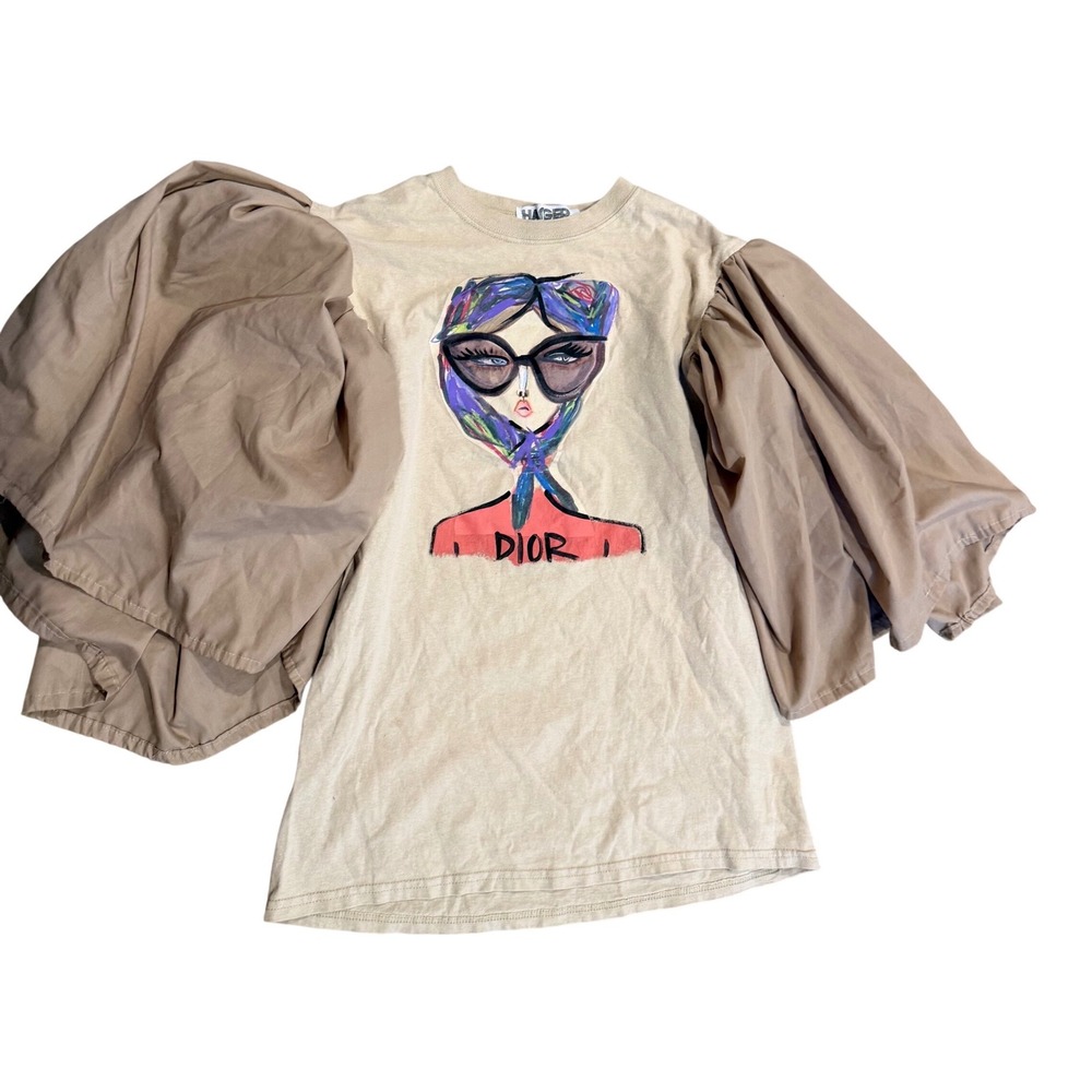 Hanger Top Graphic T-Shirt Dior Artsy Dramatic Oversized Puff Sleeves Size M/L